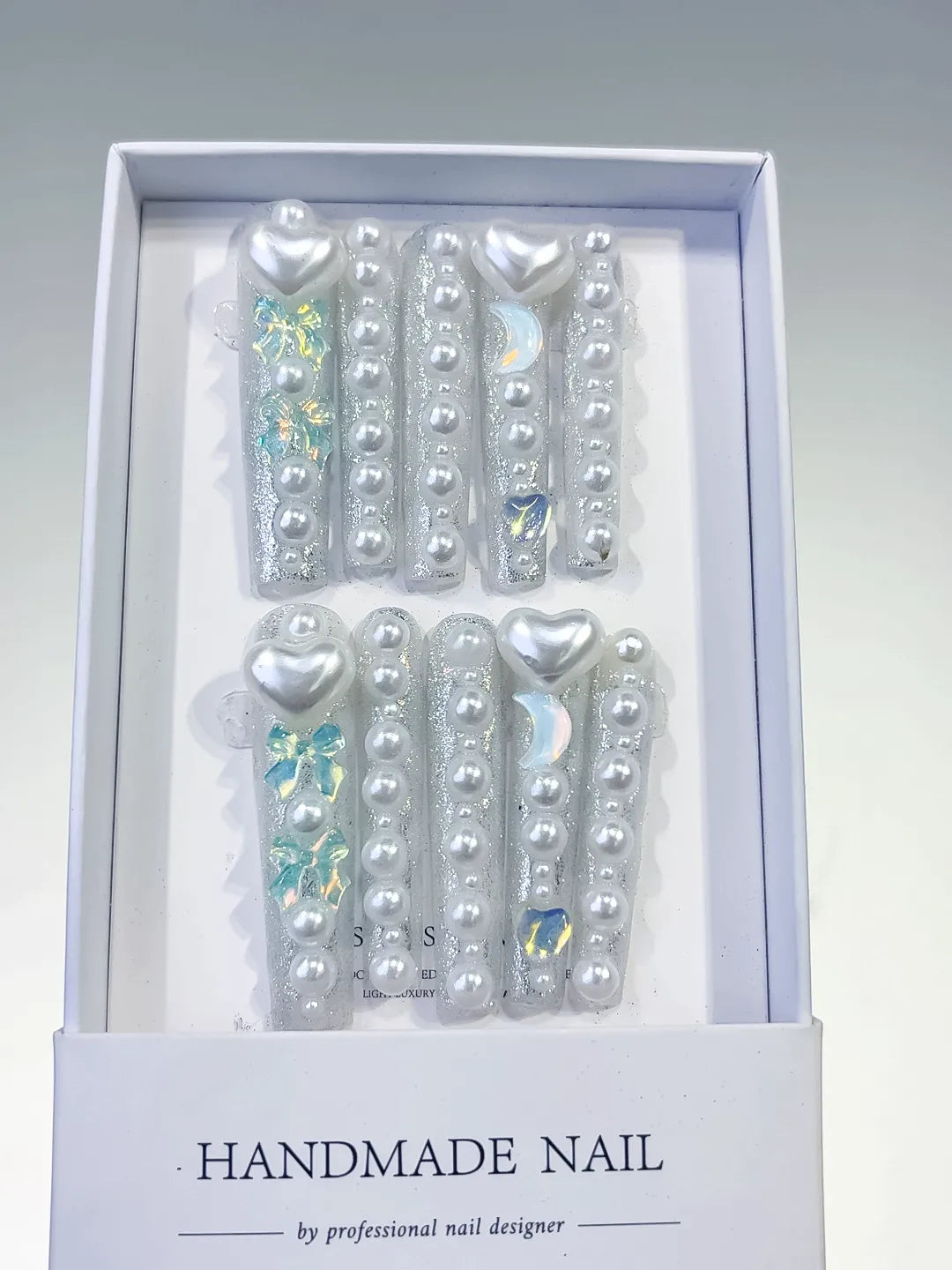 White Multicolor Silver Holographic Heart Rhinestone press on nails full set view