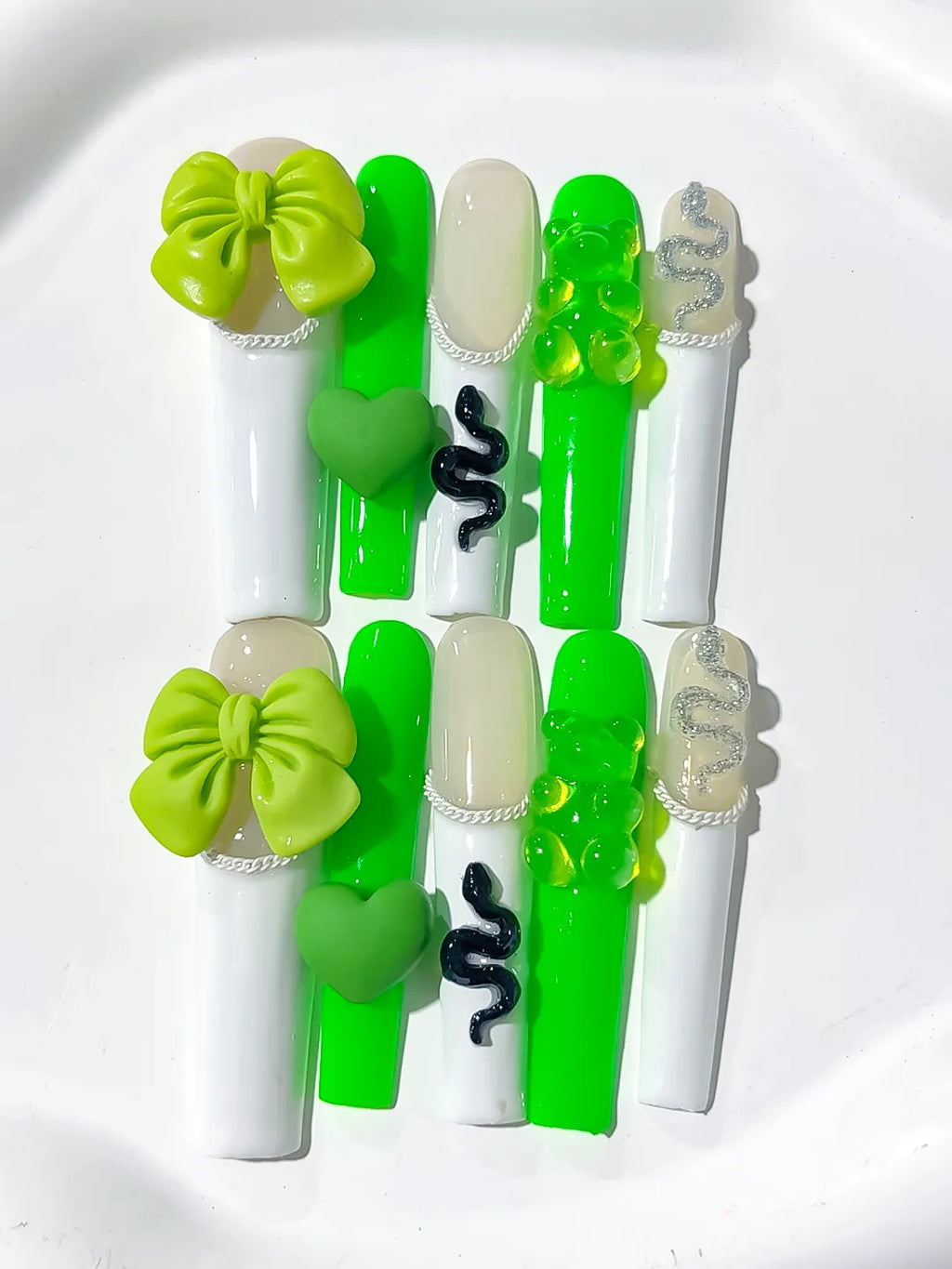 White Green Black Silver Solid color Bow Heart Gummy Bear Snake 3D press on nails detail view