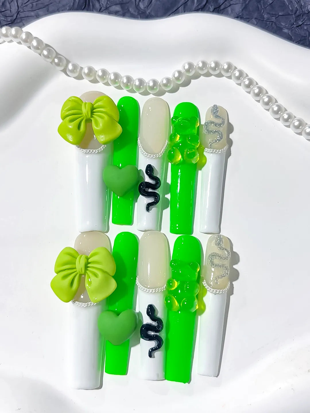 White Green Black Silver Solid color Bow Heart Gummy Bear Snake 3D press on nails close up