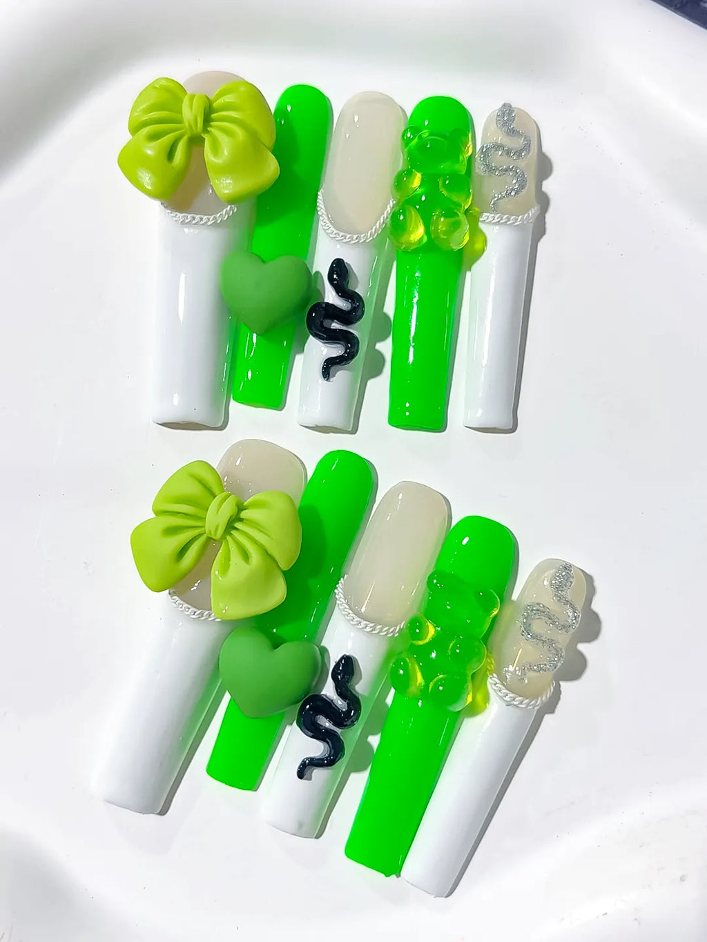 White Green Black Silver Solid color Bow Heart Gummy Bear Snake 3D press on nails detail view