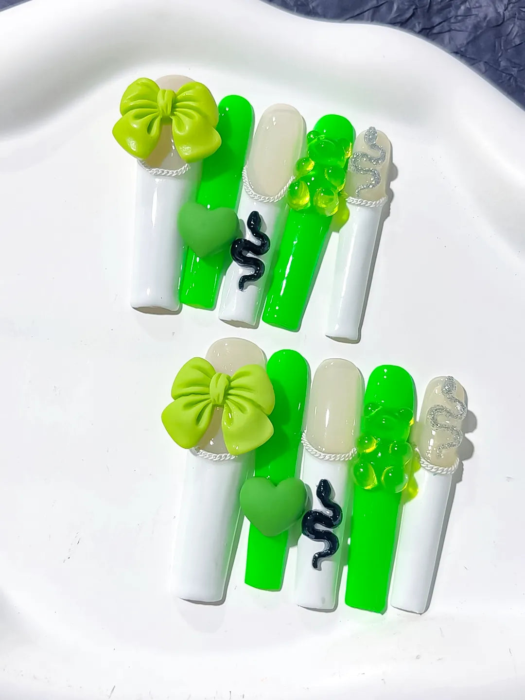 White Green Black Silver Solid color Bow Heart Gummy Bear Snake 3D press on nails detail view