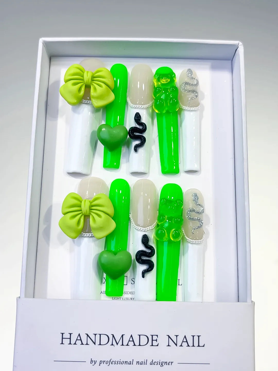 White Green Black Silver Solid color Bow Heart Gummy Bear Snake 3D press on nails full set view