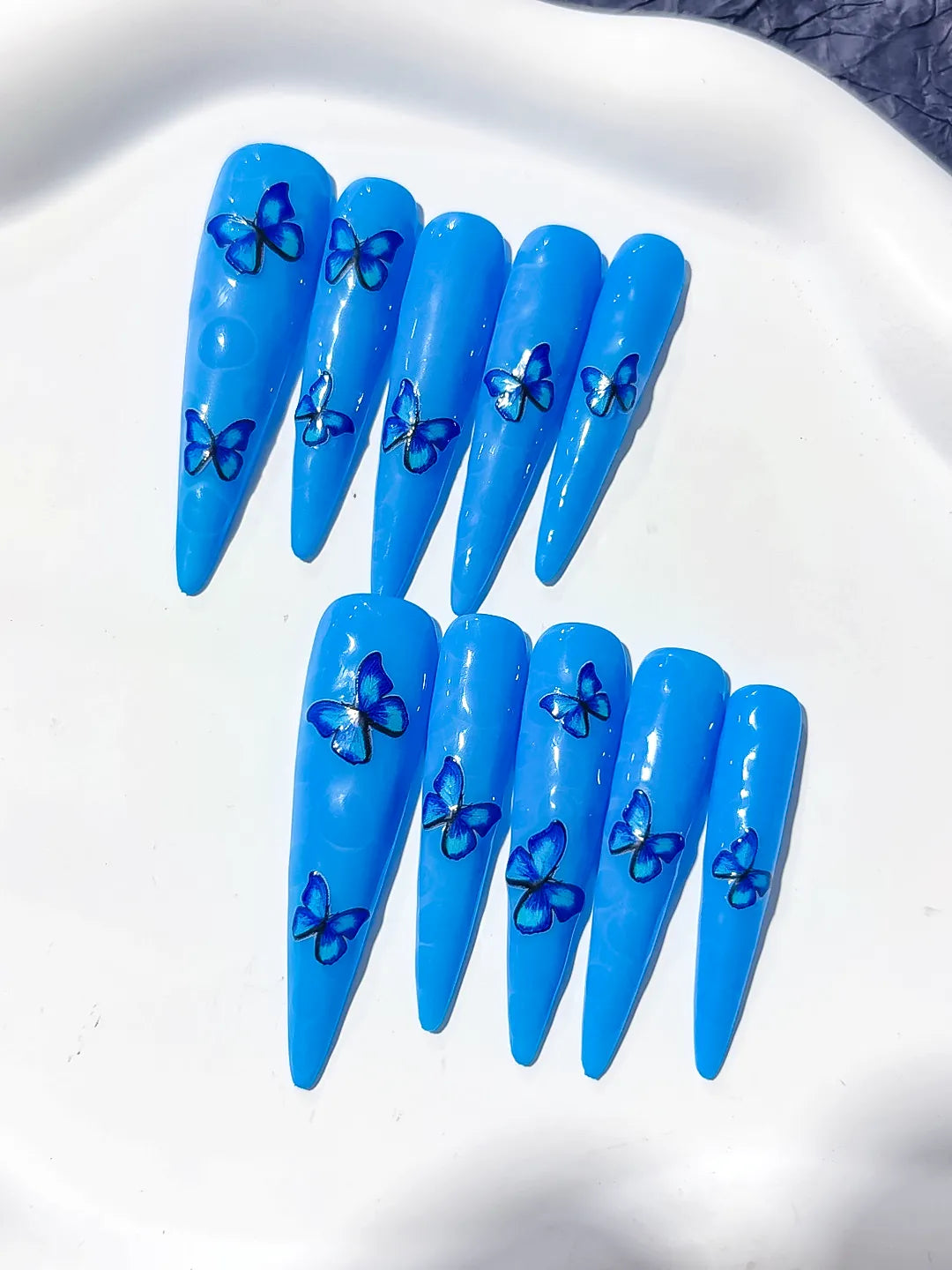 Blue Silver Metallic Rhinestone press on nails close up
