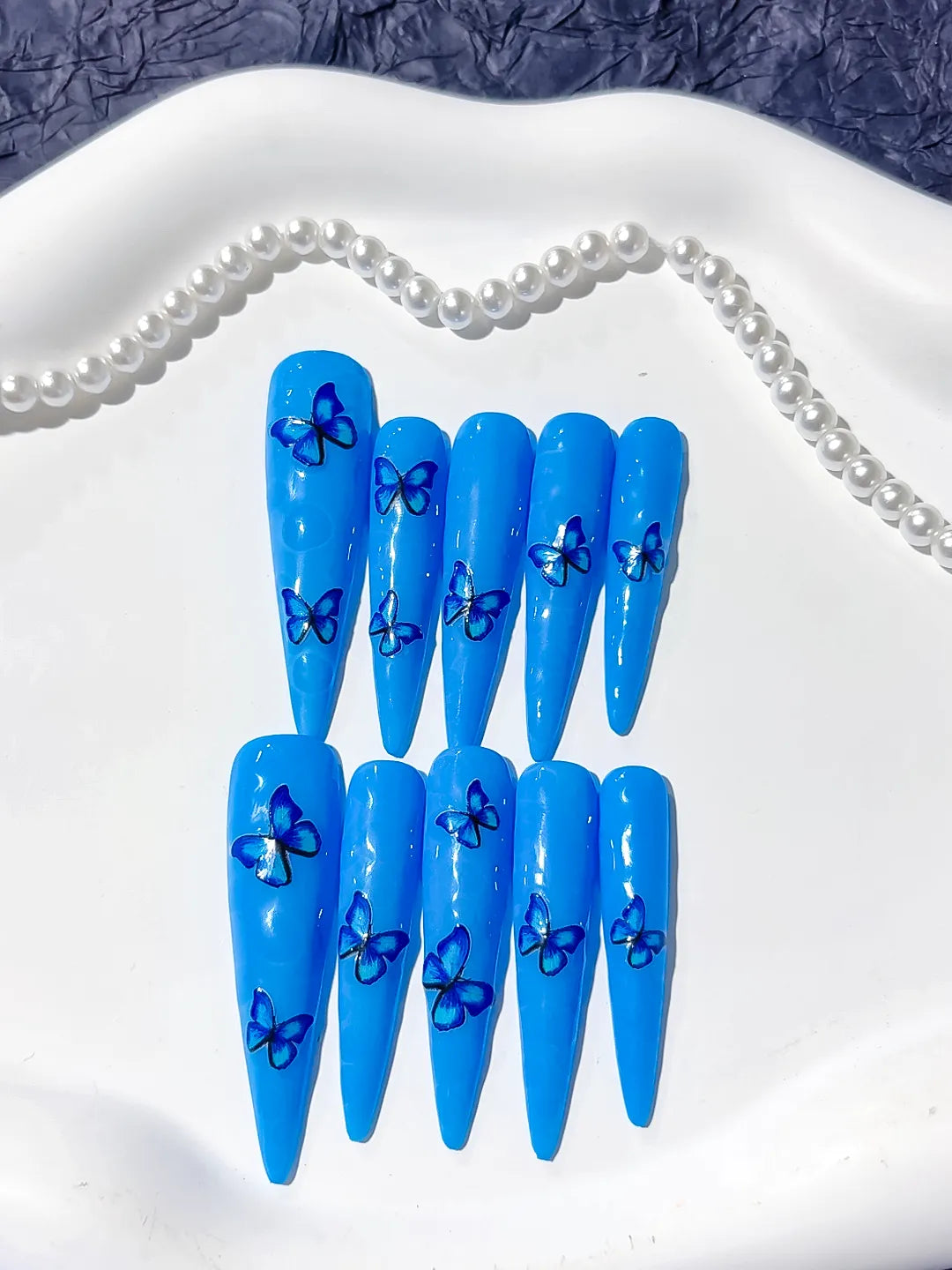 Blue Silver Metallic Rhinestone press on nails detail view