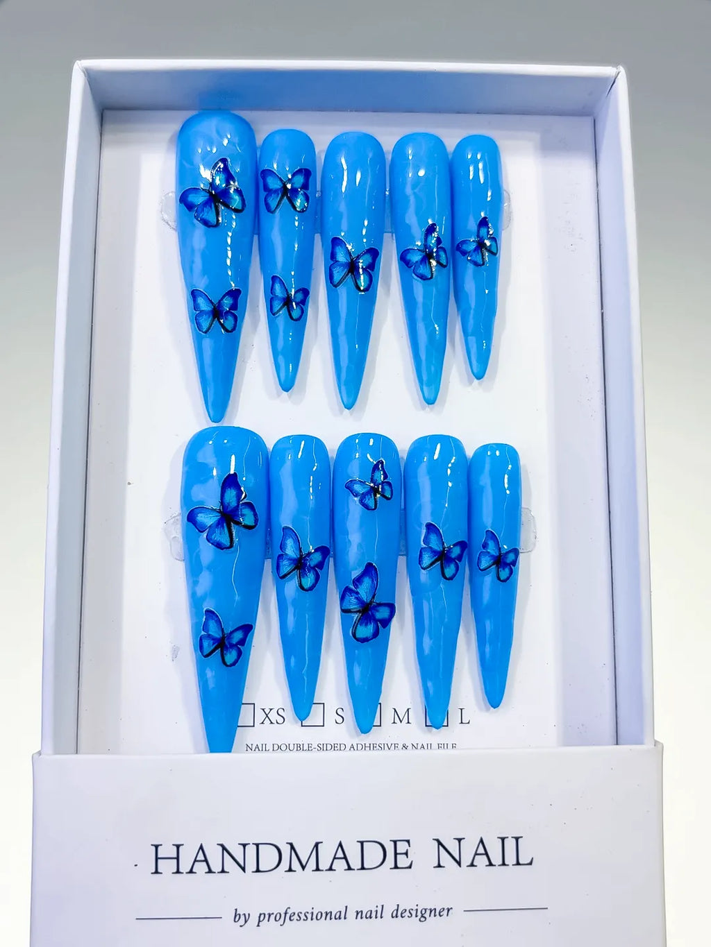 Blue Silver Metallic Rhinestone press on nails full set view