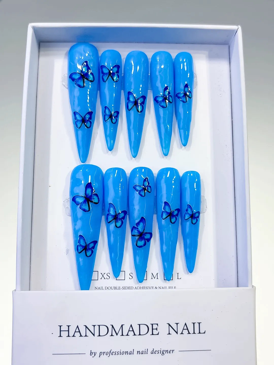 Blue Silver Metallic Rhinestone press on nails full set view
