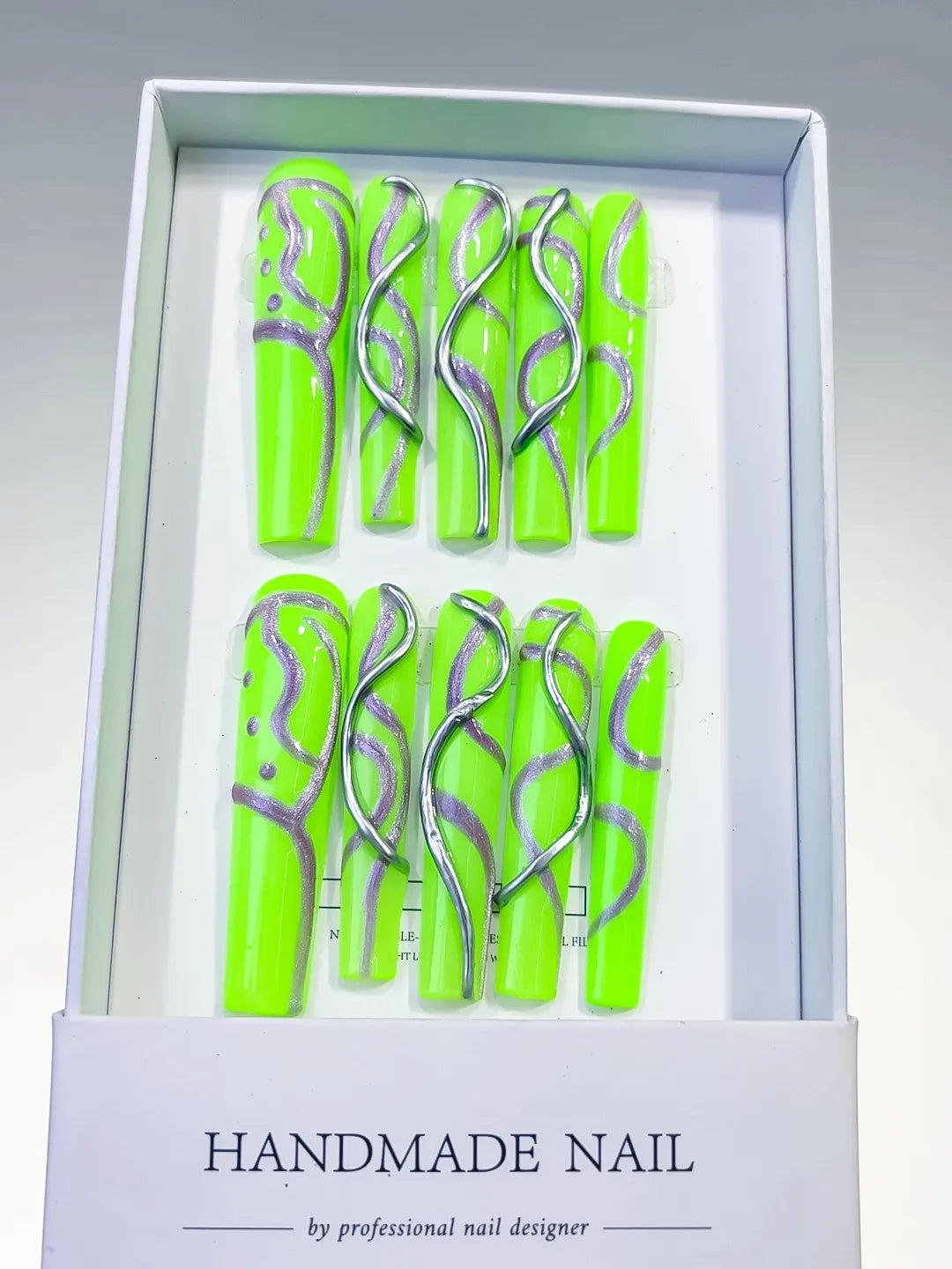 Green White Silver Abstract Swirl press on nails full set view