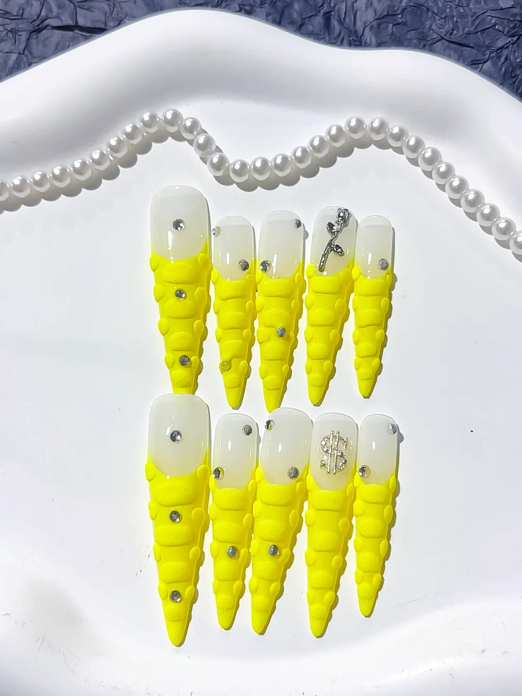 White Yellow Silver French tip Rhinestone press on nails close up