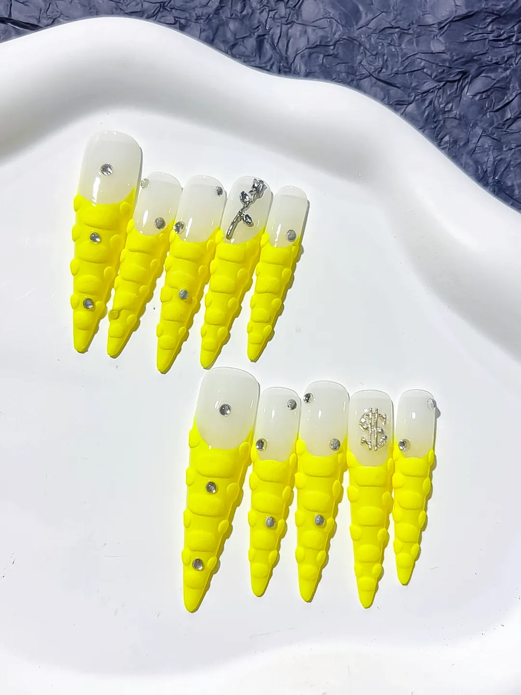 White Yellow Silver French tip Rhinestone press on nails detail view