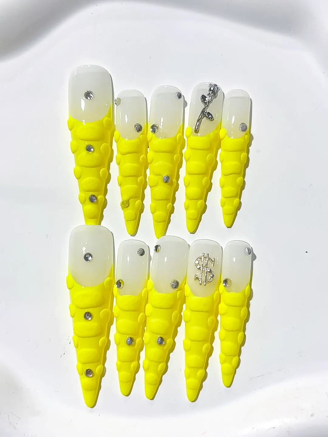 White Yellow Silver French tip Rhinestone press on nails detail view