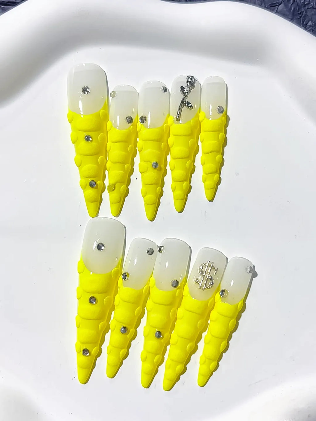 White Yellow Silver French tip Rhinestone press on nails detail view