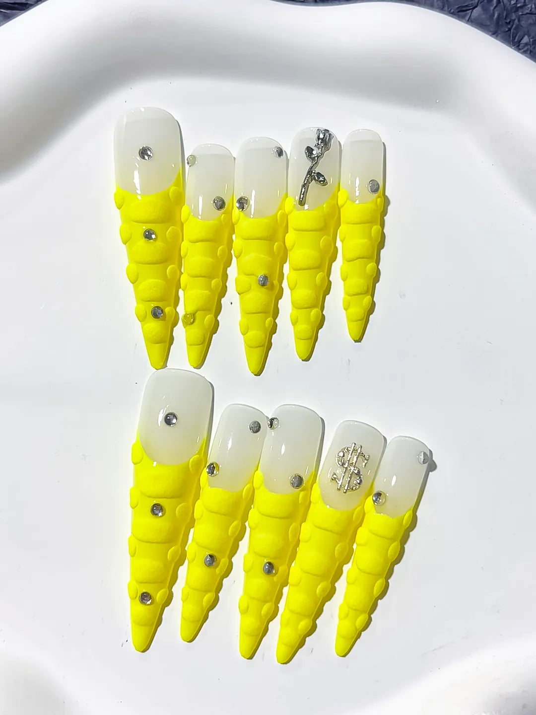 White Yellow Silver French tip Rhinestone press on nails detail view