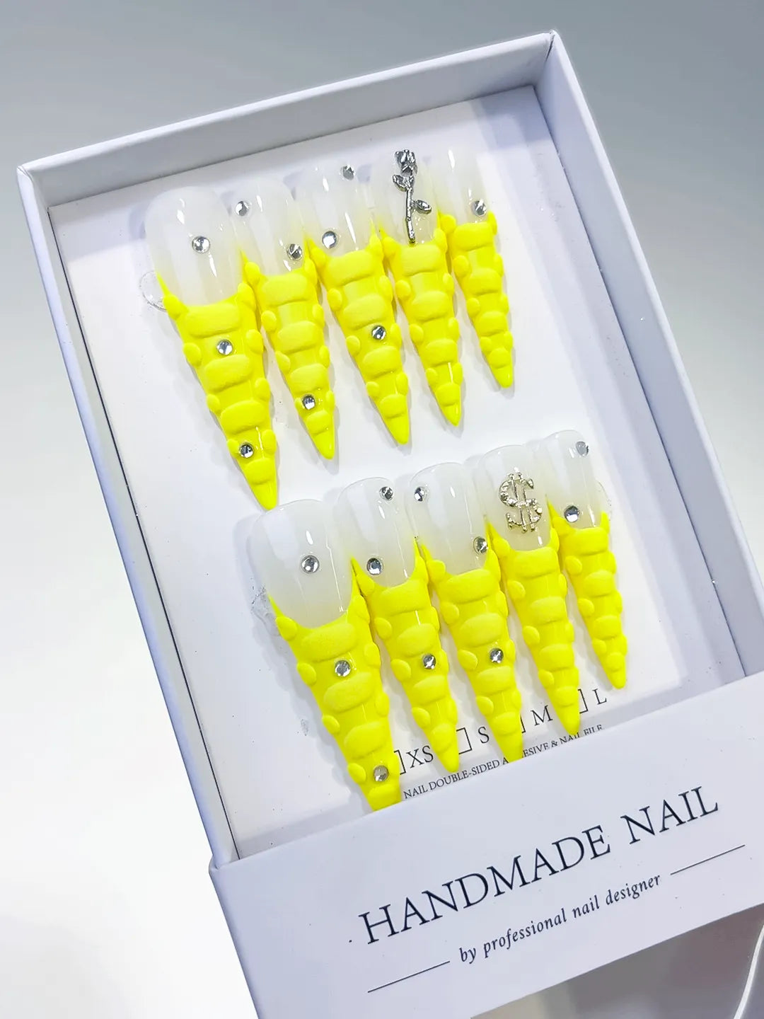 White Yellow Silver French tip Rhinestone press on nails angled view