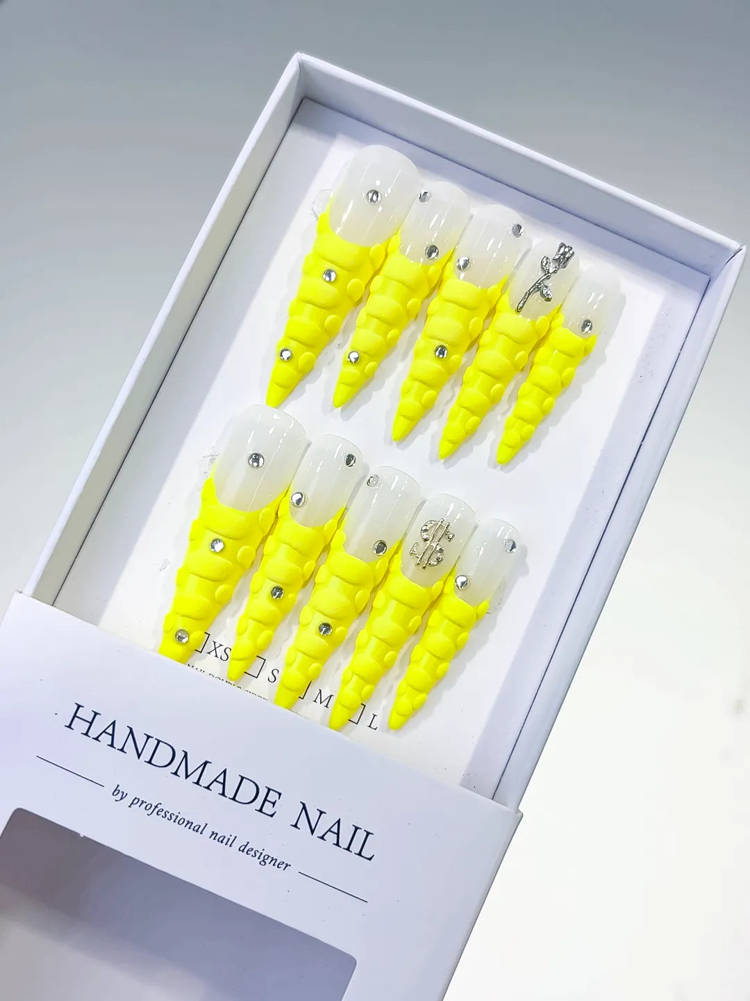 White Yellow Silver French tip Rhinestone press on nails