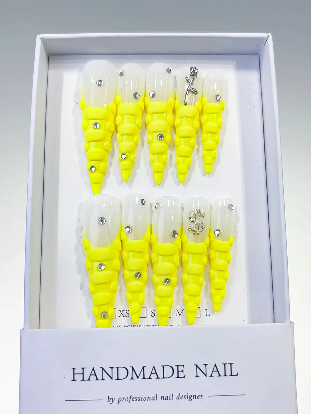 White Yellow Silver French tip Rhinestone press on nails full set view