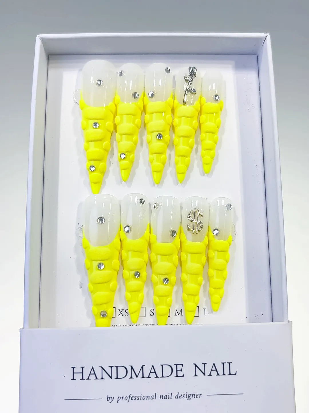 White Yellow Silver French tip Rhinestone press on nails full set view