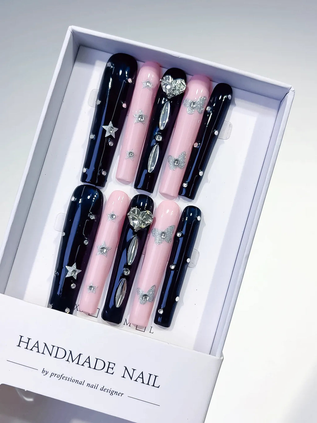 Black Pink Silver Solid color Star Bow Rhinestone press on nails