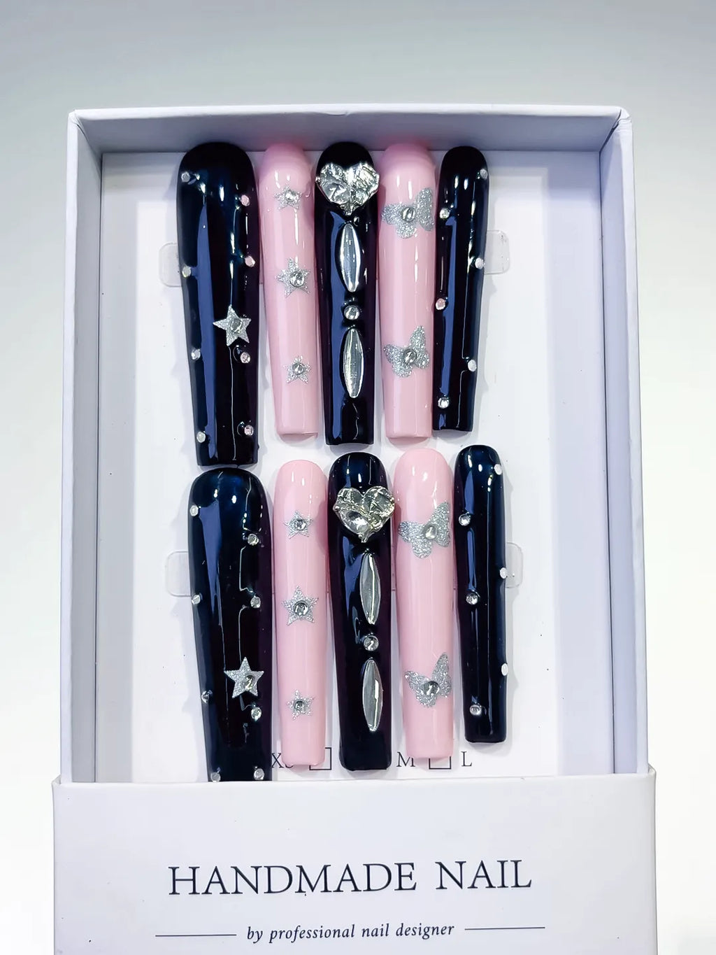 Black Pink Silver Solid color Star Bow Rhinestone press on nails full set view