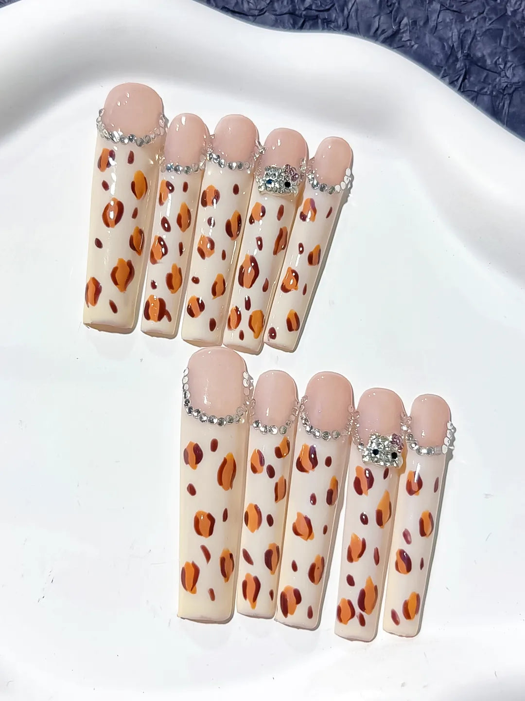 White Brown Black Silver Abstract Animal Print Rhinestone press on nails close up