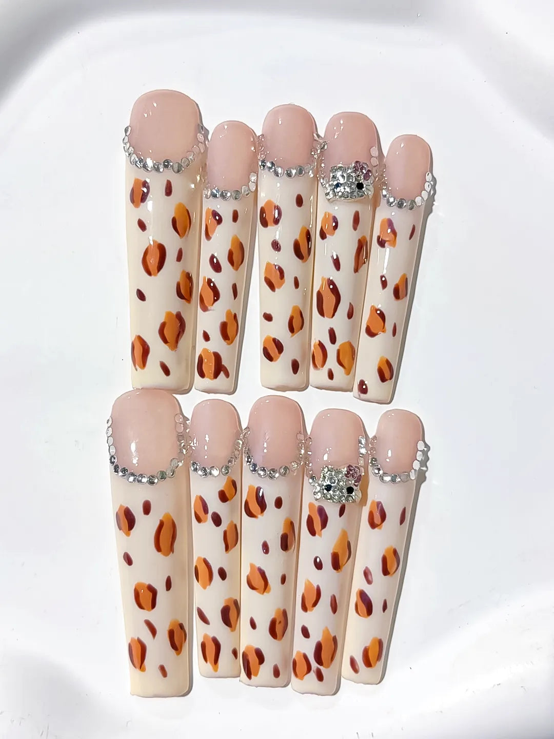 White Brown Black Silver Abstract Animal Print Rhinestone press on nails detail view