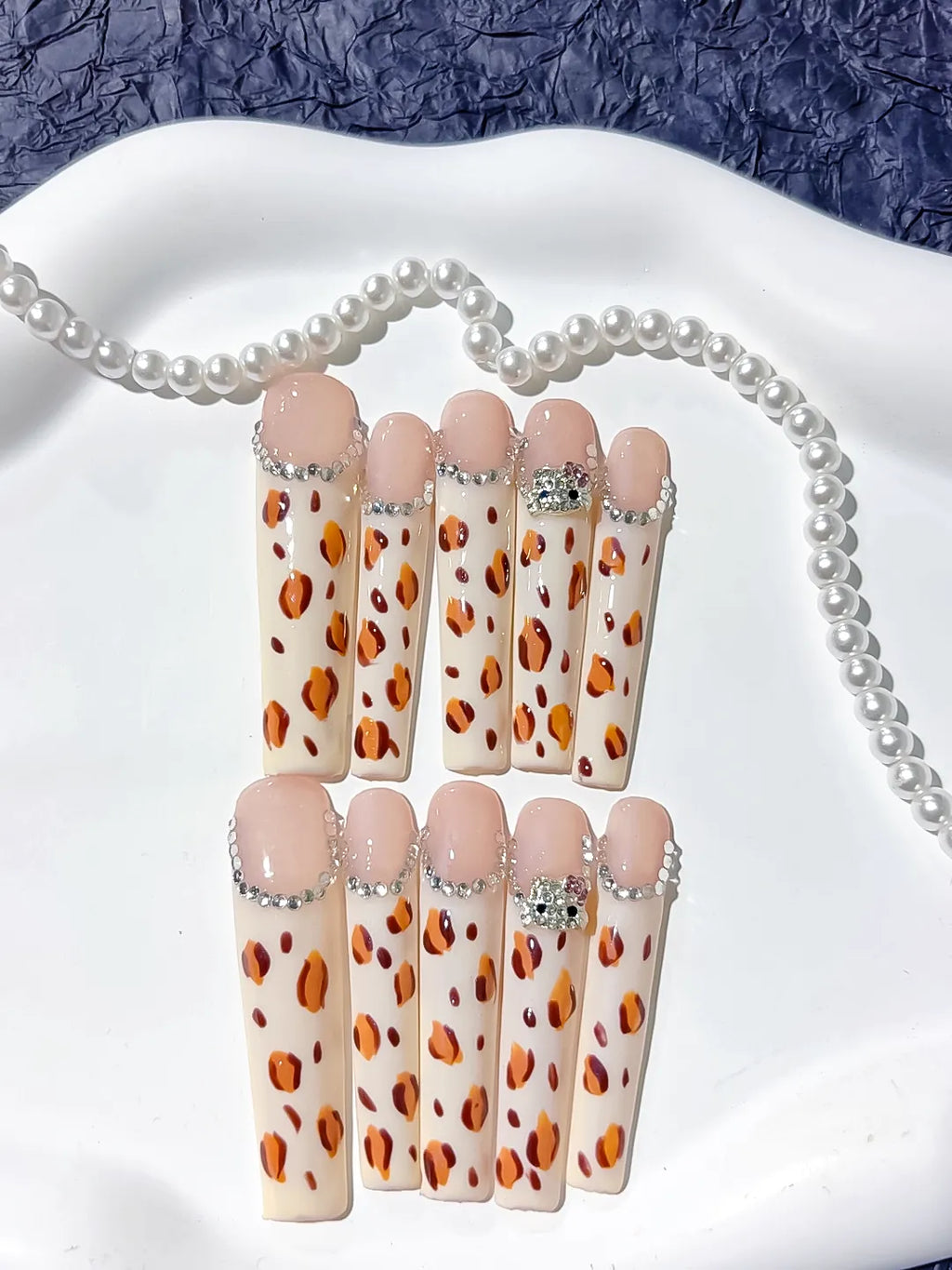 White Brown Black Silver Abstract Animal Print Rhinestone press on nails detail view