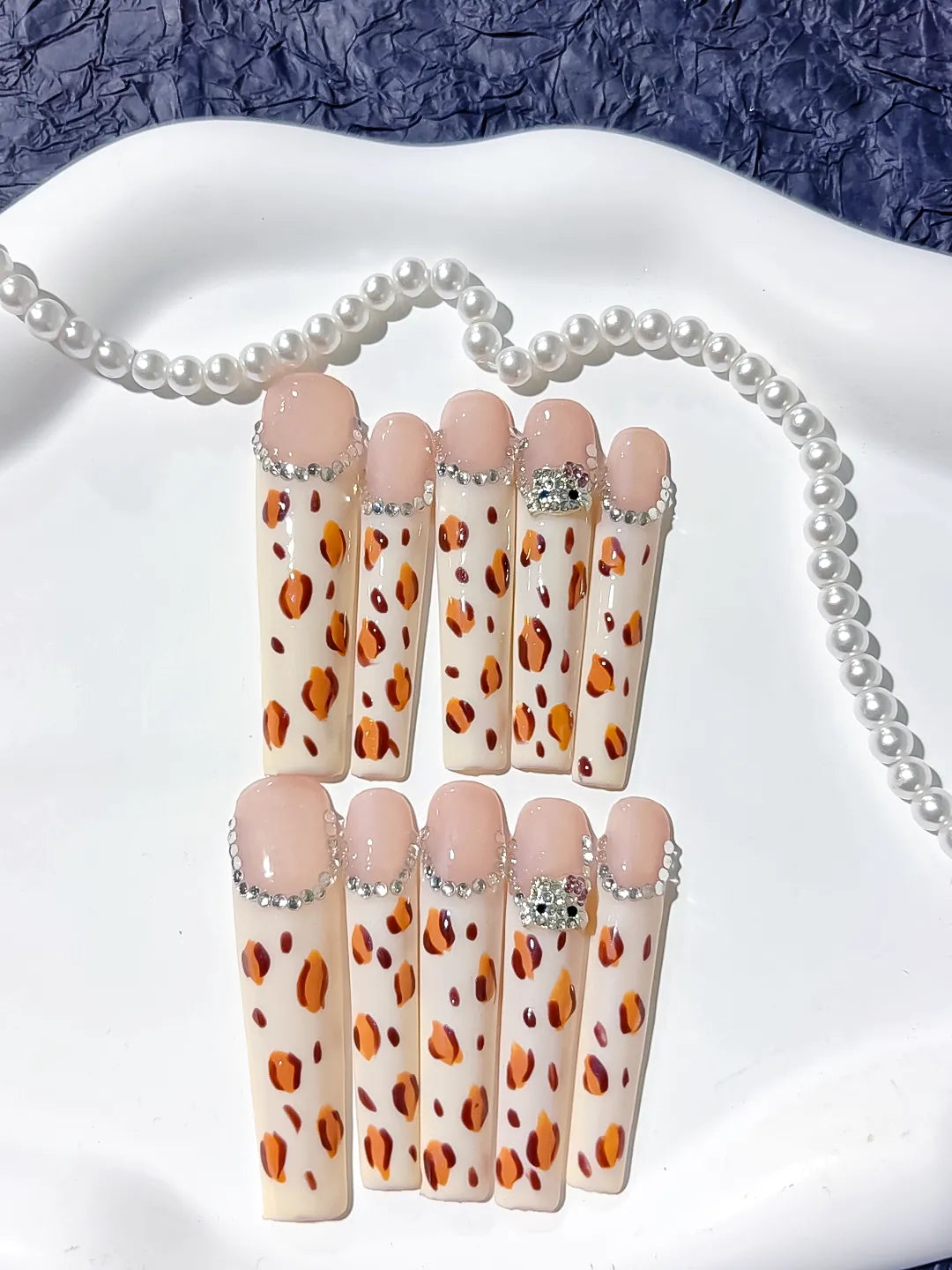 White Brown Black Silver Abstract Animal Print Rhinestone press on nails detail view
