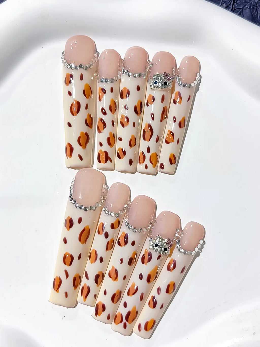 White Brown Black Silver Abstract Animal Print Rhinestone press on nails detail view