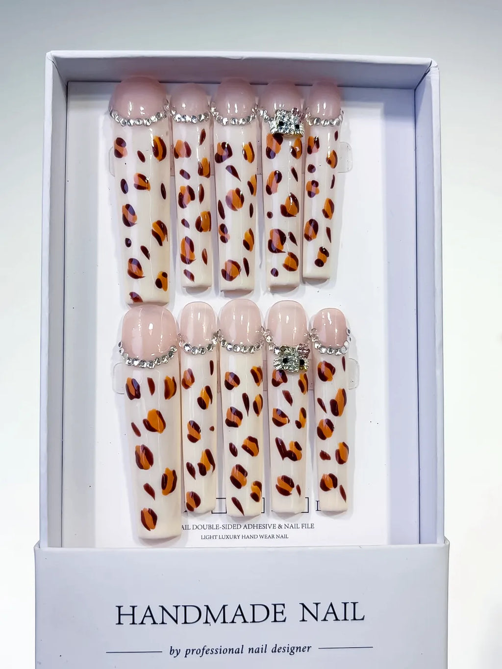 White Brown Black Silver Abstract Animal Print Rhinestone press on nails full set view