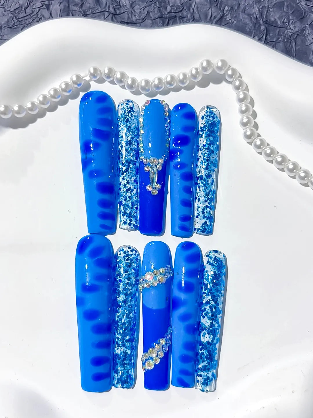 Blue White Silver Glitter Cross Rhinestone press on nails close up