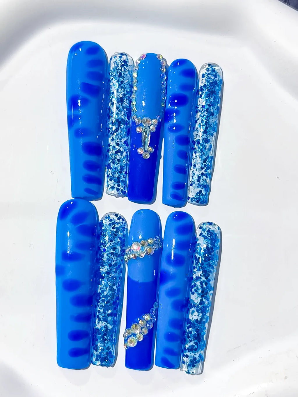 Blue White Silver Glitter Cross Rhinestone press on nails detail view