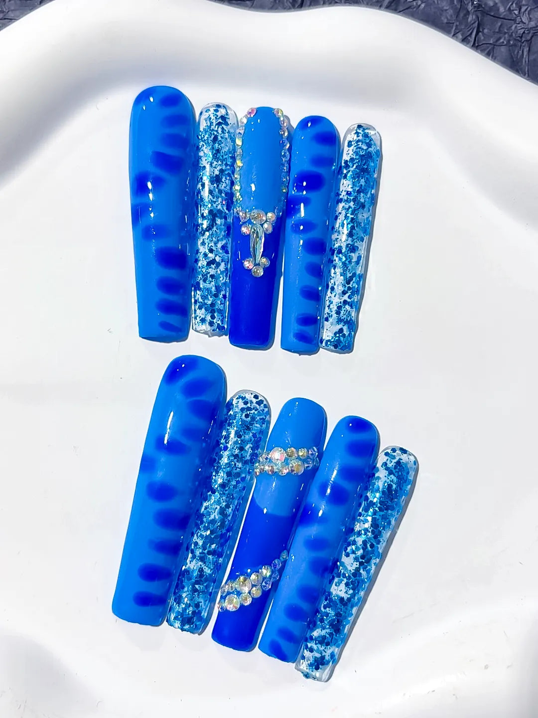 Blue White Silver Glitter Cross Rhinestone press on nails detail view