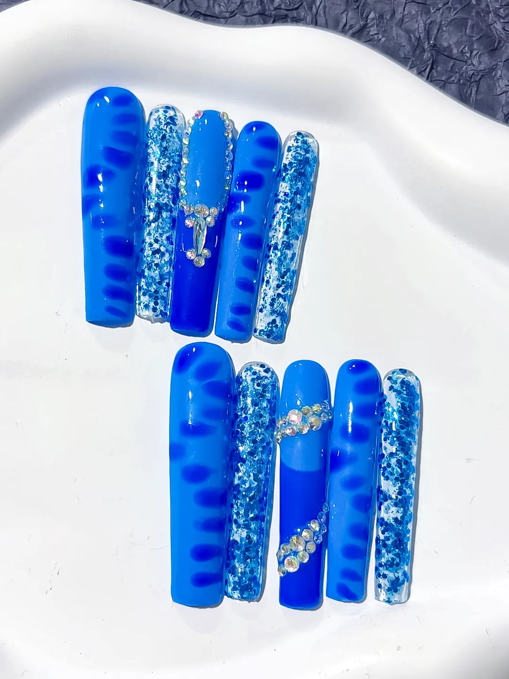 Blue White Silver Glitter Cross Rhinestone press on nails detail view