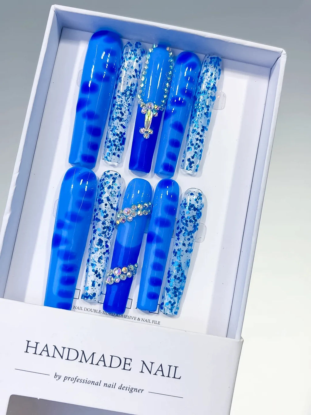 Blue White Silver Glitter Cross Rhinestone press on nails