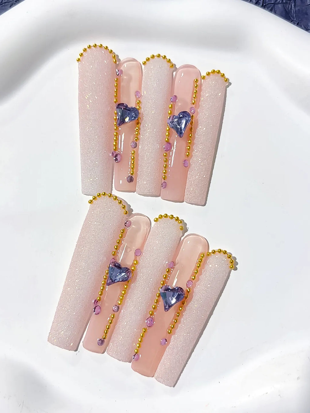 Nude White Gold Purple Glitter Heart Rhinestone Pearl press on nails detail view