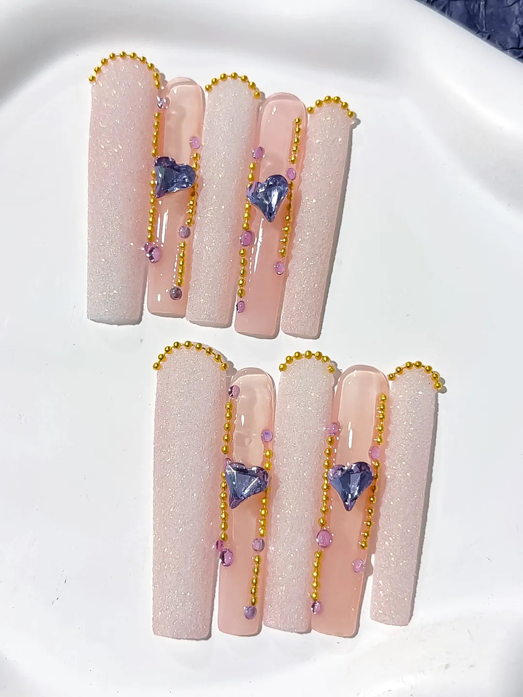 Nude White Gold Purple Glitter Heart Rhinestone Pearl press on nails detail view