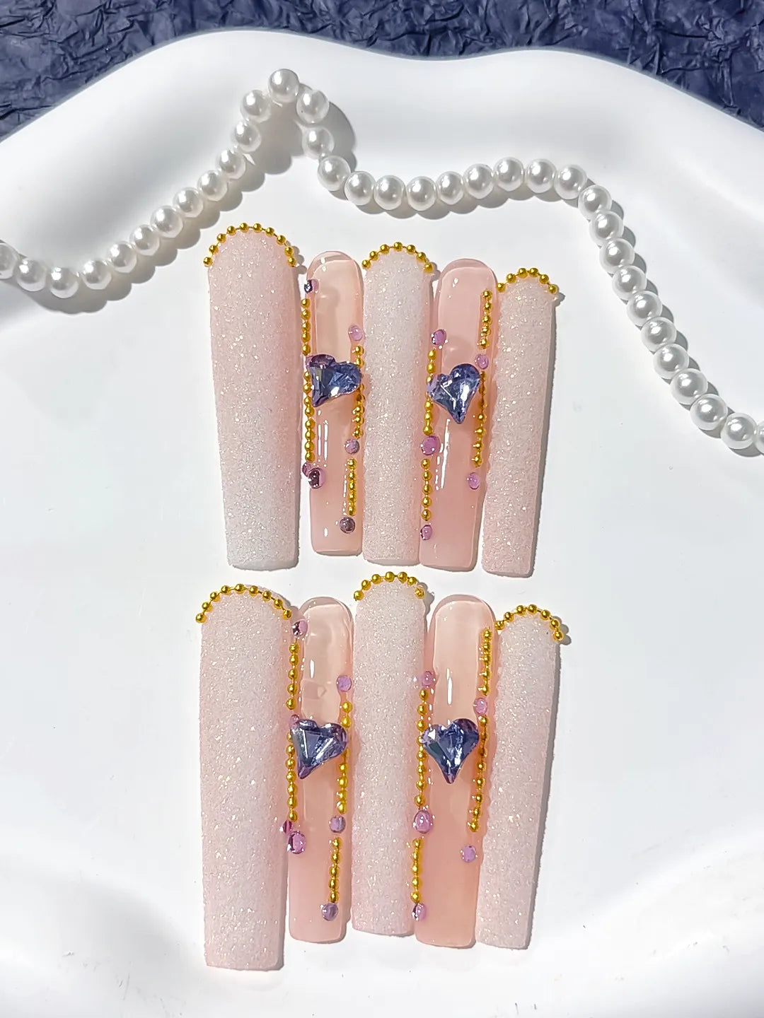 Nude White Gold Purple Glitter Heart Rhinestone Pearl press on nails detail view