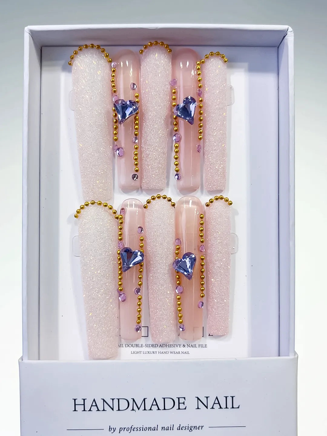 Nude White Gold Purple Glitter Heart Rhinestone Pearl press on nails full set view