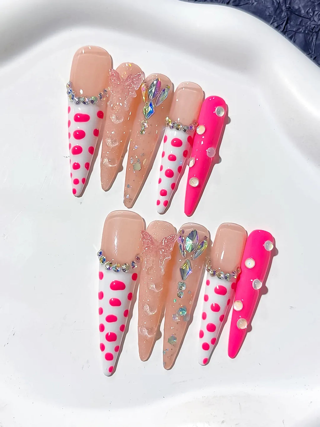 Nude White Pink Silver Abstract Dot Pattern Bow Rhinestone 3D press on nails detail view