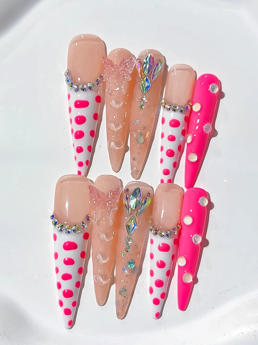 Nude White Pink Silver Abstract Dot Pattern Bow Rhinestone 3D press on nails close up