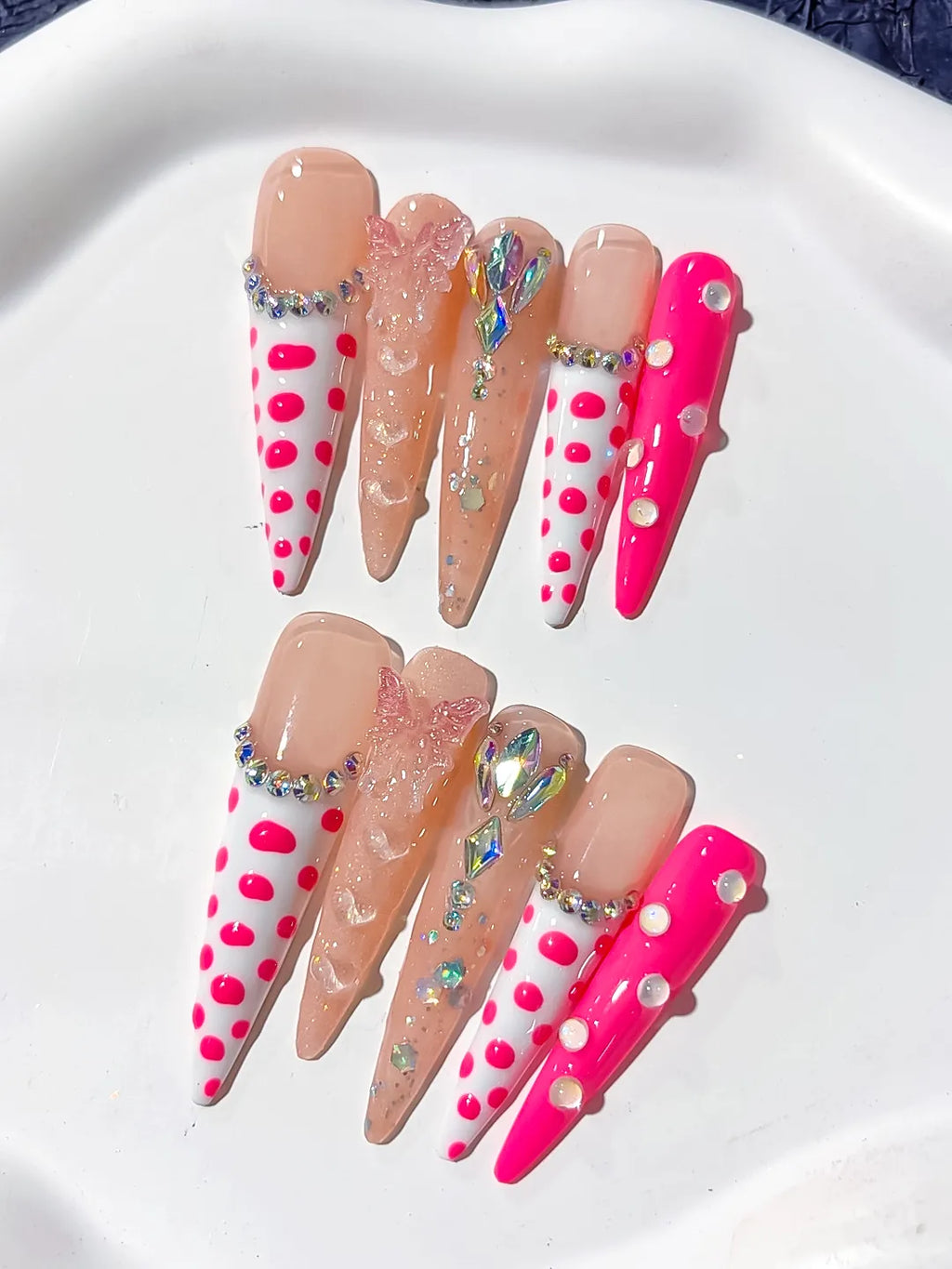 Nude White Pink Silver Abstract Dot Pattern Bow Rhinestone 3D press on nails detail view