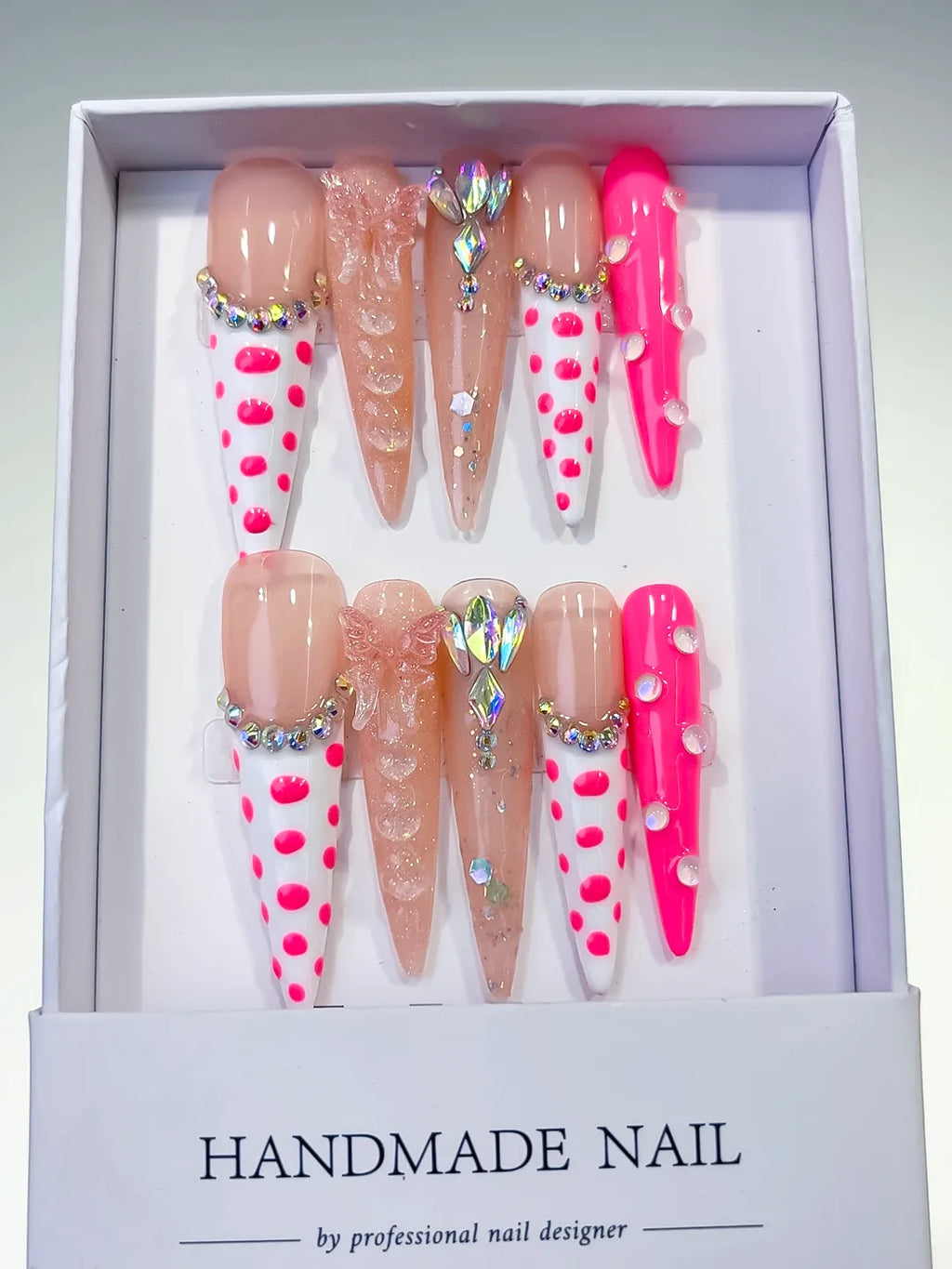 Nude White Pink Silver Abstract Dot Pattern Bow Rhinestone 3D press on nails full set view