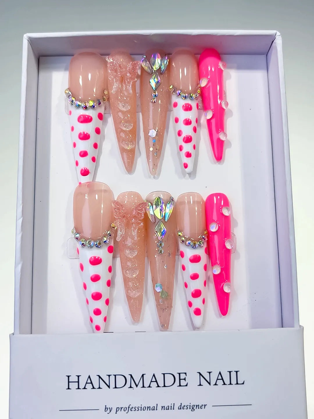 Nude White Pink Silver Abstract Dot Pattern Bow Rhinestone 3D press on nails full set view