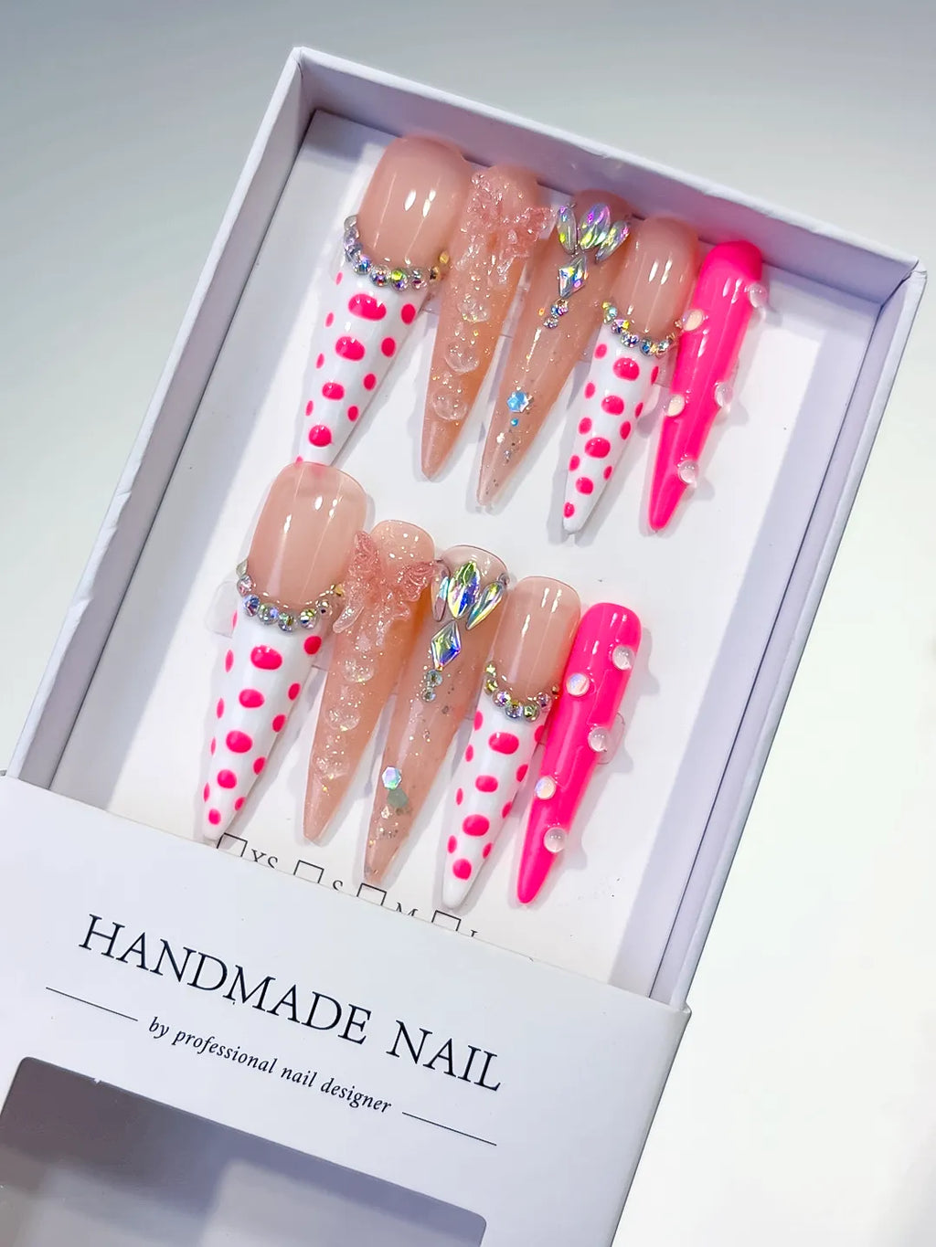 Nude White Pink Silver Abstract Dot Pattern Bow Rhinestone 3D press on nails