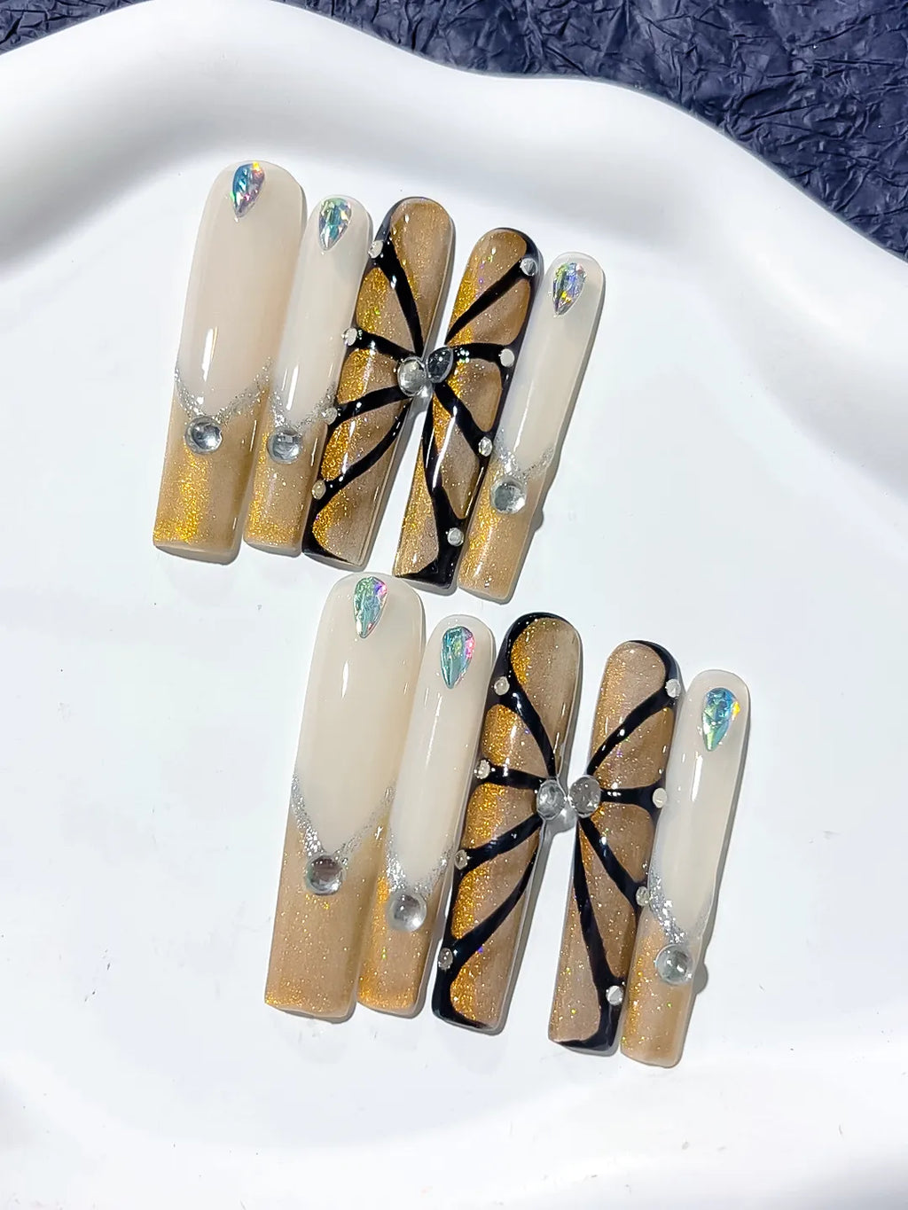 White Gold Black Silver Abstract Rhinestone press on nails detail view