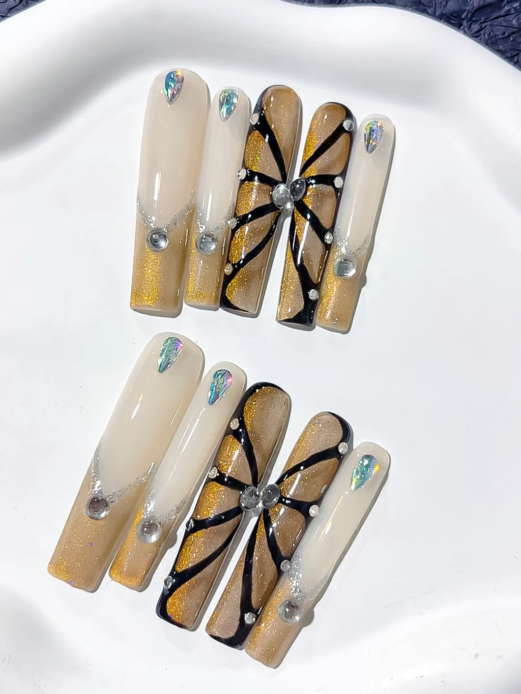 White Gold Black Silver Abstract Rhinestone press on nails detail view