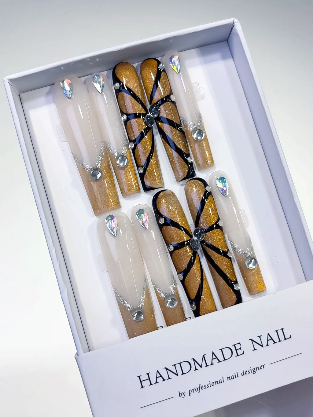 White Gold Black Silver Abstract Rhinestone press on nails angled view