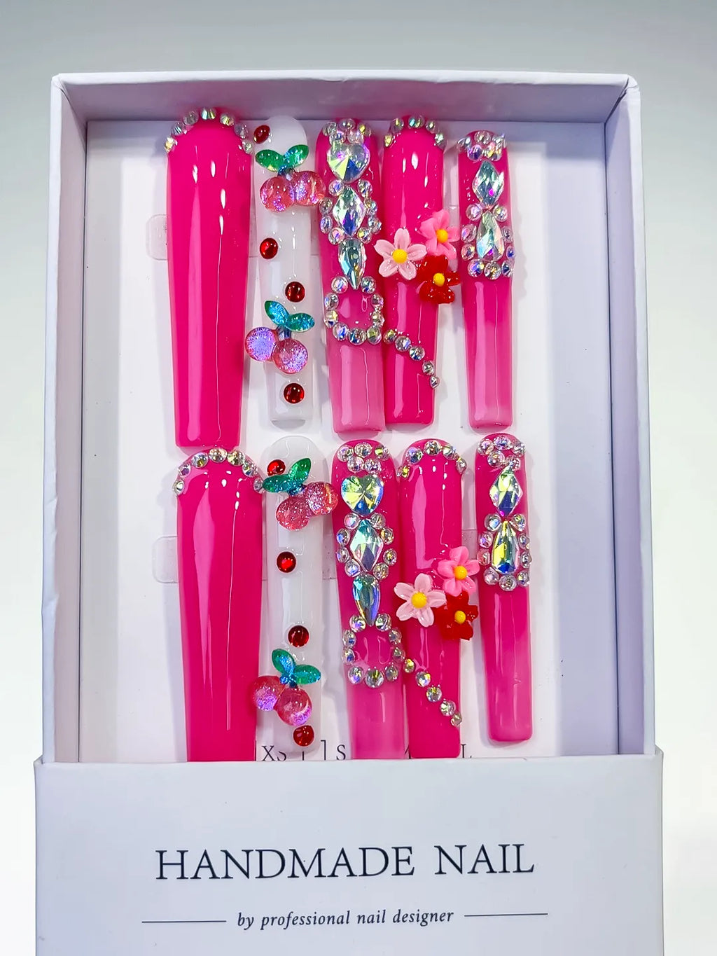 Pink Red Green Yellow Silver Solid color Cherry Flower Rhinestone press on nails full set view