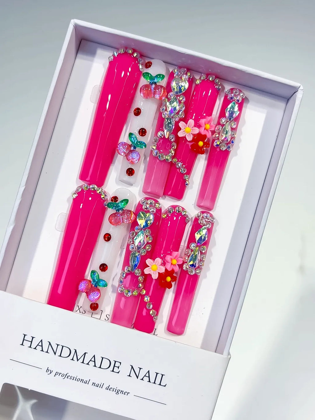 Pink Red Green Yellow Silver Solid color Cherry Flower Rhinestone press on nails