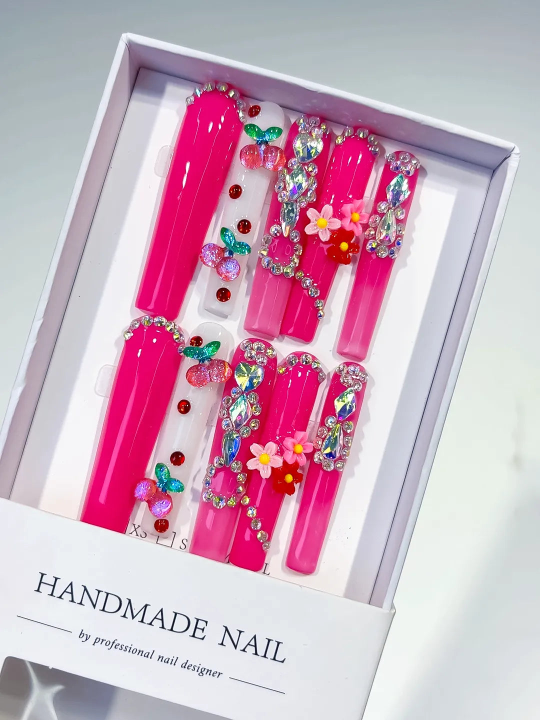 Pink Red Green Yellow Silver Solid color Cherry Flower Rhinestone press on nails