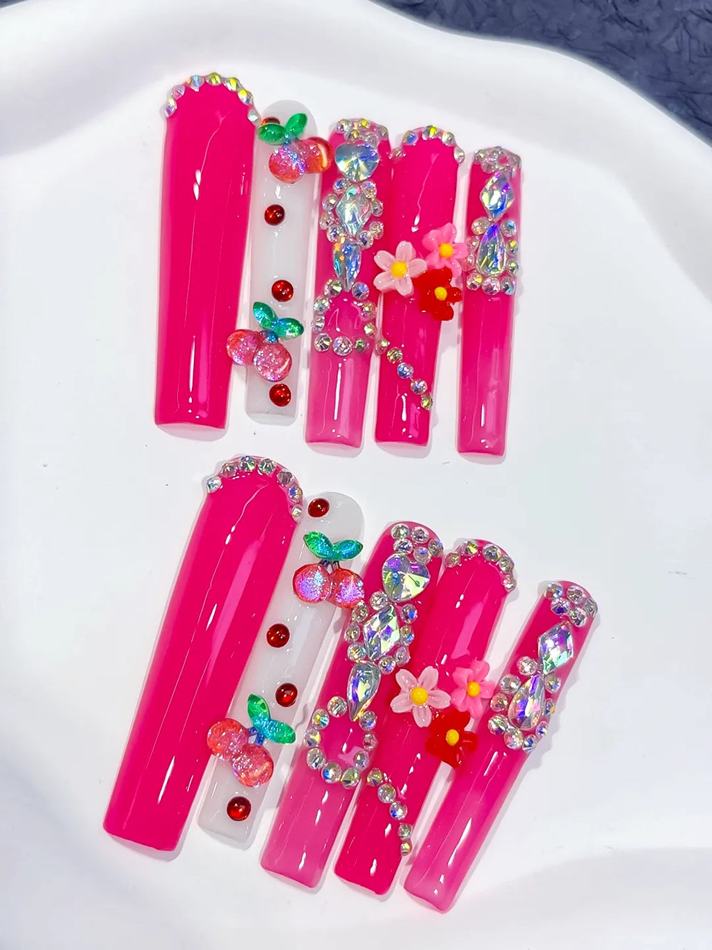 Pink Red Green Yellow Silver Solid color Cherry Flower Rhinestone press on nails close up